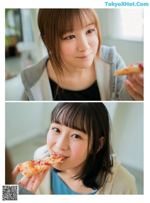 A woman eating a slice of pizza while wearing a jacket.